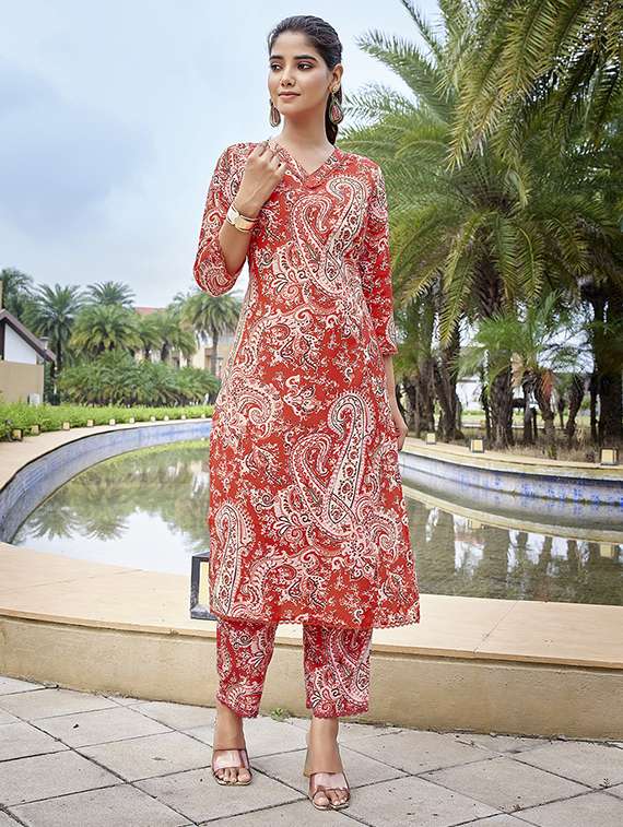 women printed red cotton blend top and trouser set co-ord - 22467637 -  Standard Image - 1
