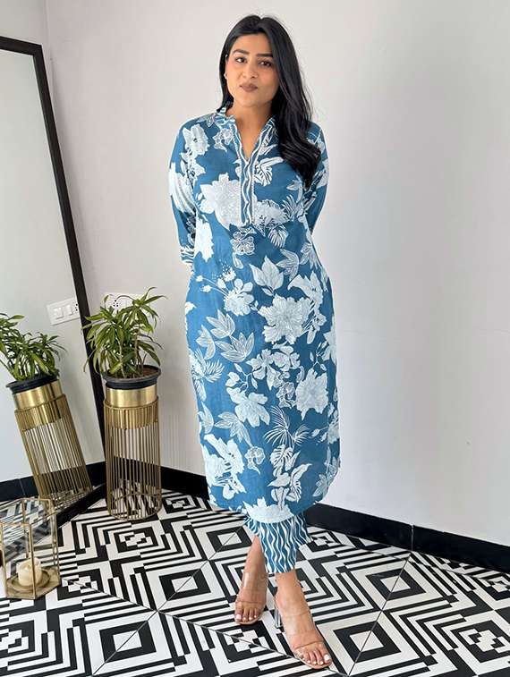 women printed blue cotton blend top and trouser set co-ord - 22467643 -  Standard Image - 1