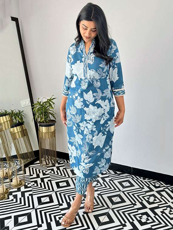 women printed blue cotton blend top and trouser set co-ord - 22467643 -  Standard Image - 4