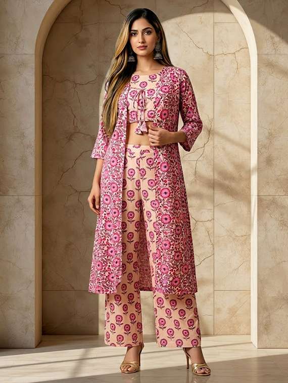 women printed pink cotton blend top and trouser set co-ord - 22467644 -  Standard Image - 1