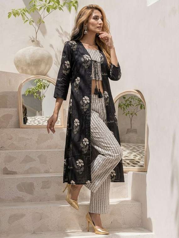 women printed black cotton blend top and trouser set co-ord - 22467645 -  Standard Image - 1
