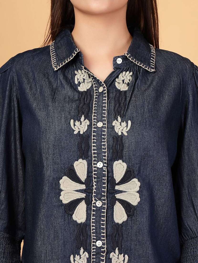 wowmen embroidered collared puff sleeve denim shirt - 22467687 -  Standard Image - 1