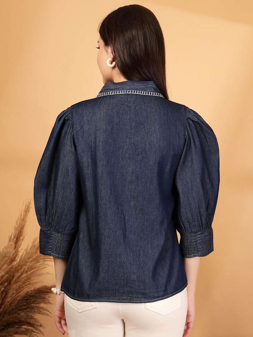 wowmen embroidered collared puff sleeve denim shirt - 22467687 -  Standard Image - 4