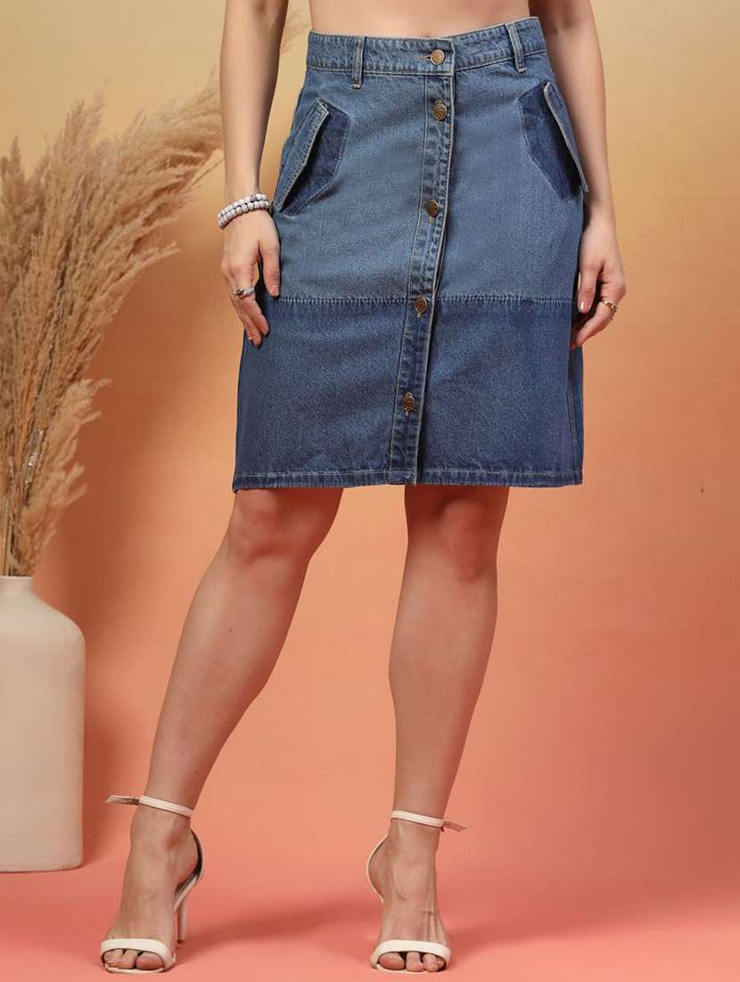 women blue denim a-line skirt