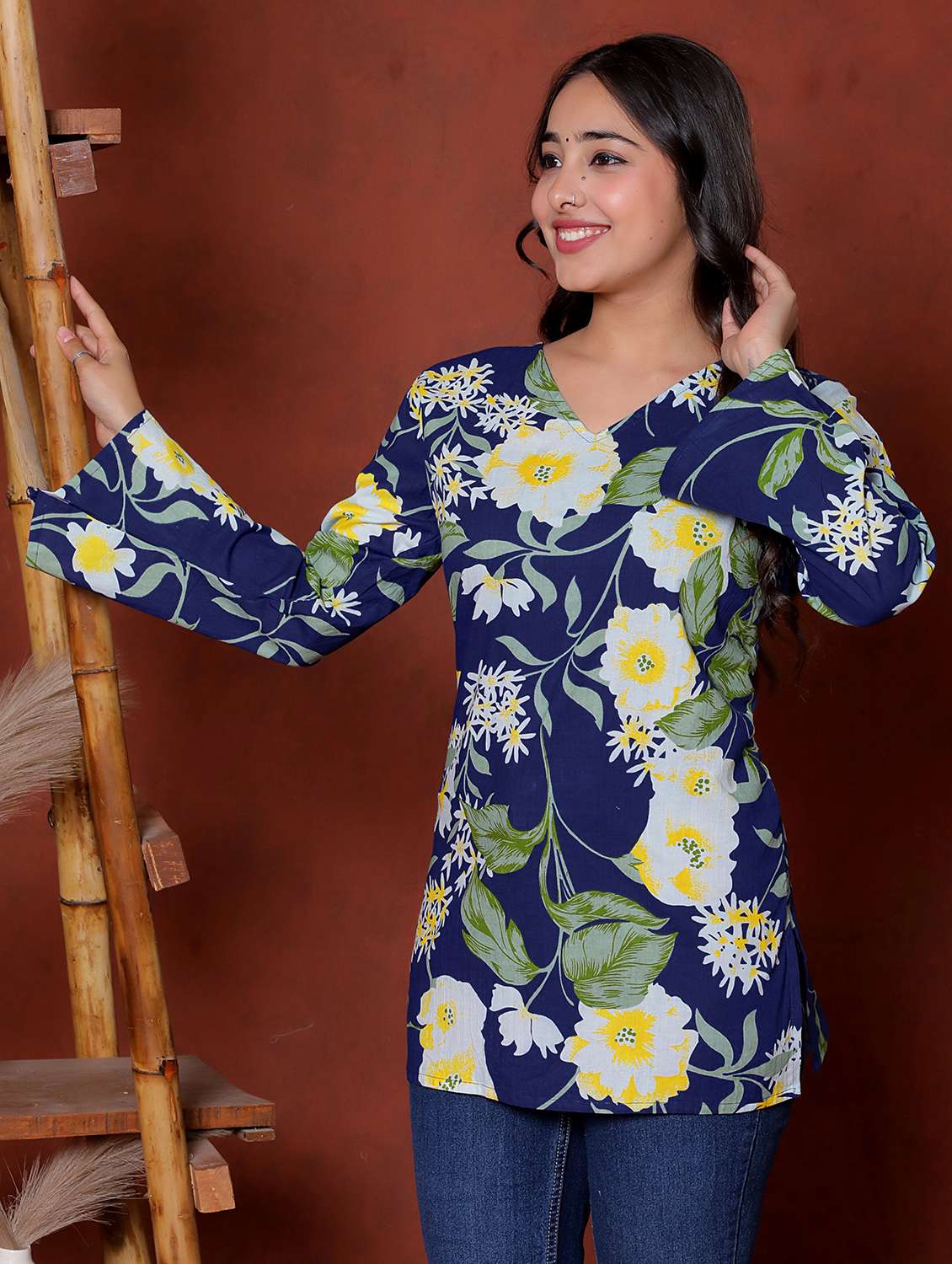 women printed blue cotton flared tunic - 22468153 -  Standard Image - 1