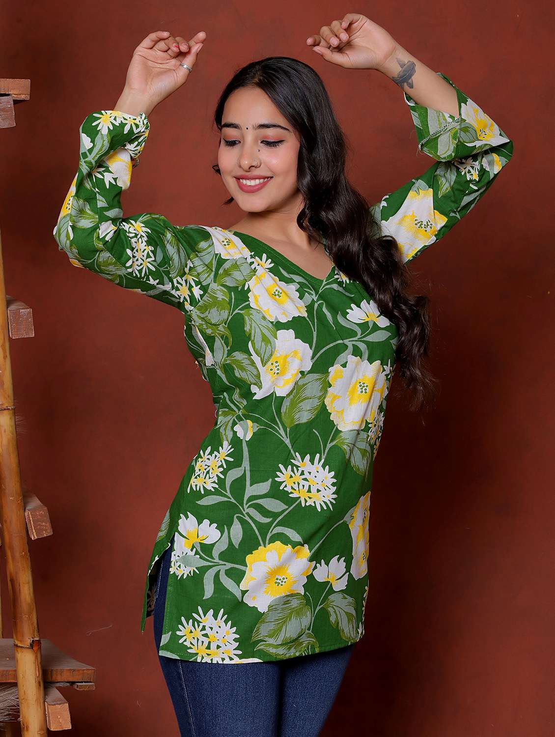 women printed green cotton flared tunic - 22468154 -  Standard Image - 1