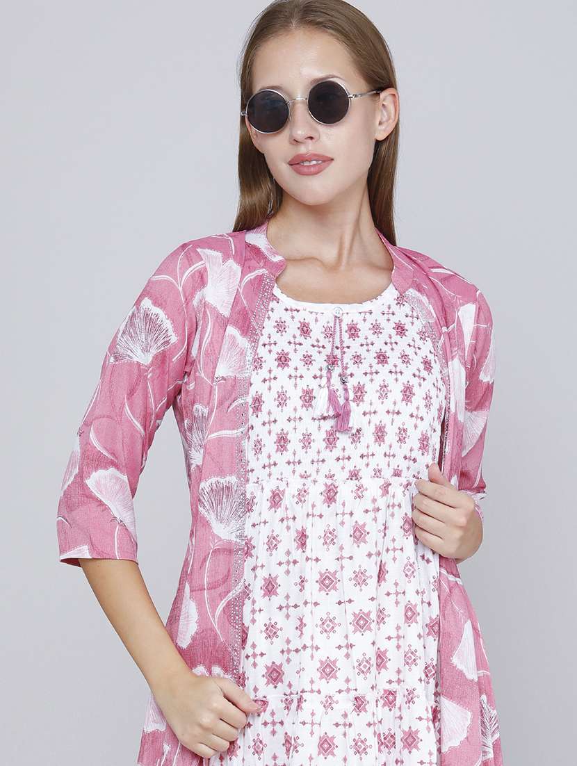 Women Printed Three Quarter Sleeves Kurta With Jacket - 22468202 -  Standard Image - 1