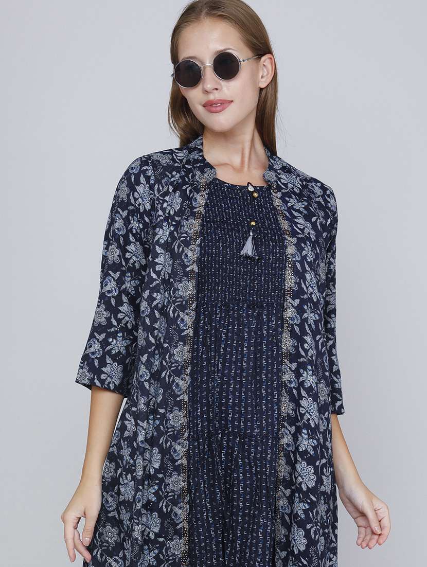 women printed three quarter sleeves kurta with jacket - 22468209 -  Standard Image - 1