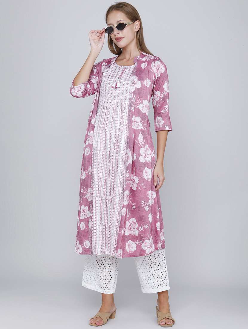 women printed three quarter sleeves kurta with jacket