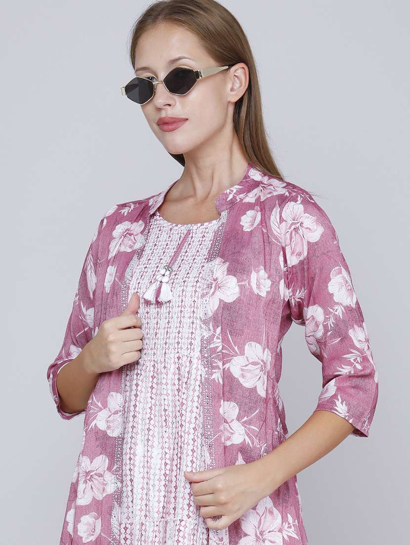 Women Printed Three Quarter Sleeves Kurta With Jacket - 22468213 -  Standard Image - 1