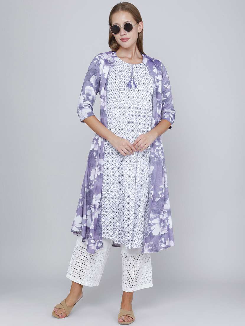 women printed three quarter sleeves kurta with jacket