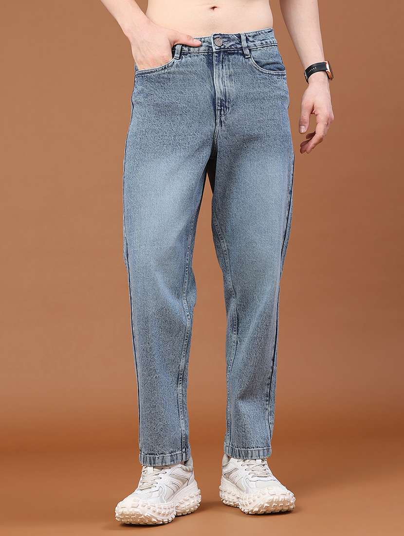 men washed mid rise tapered jeans
