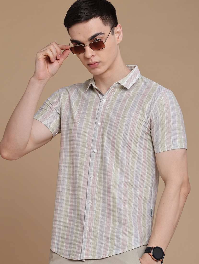 men striped short sleeve slim fit casual shirt