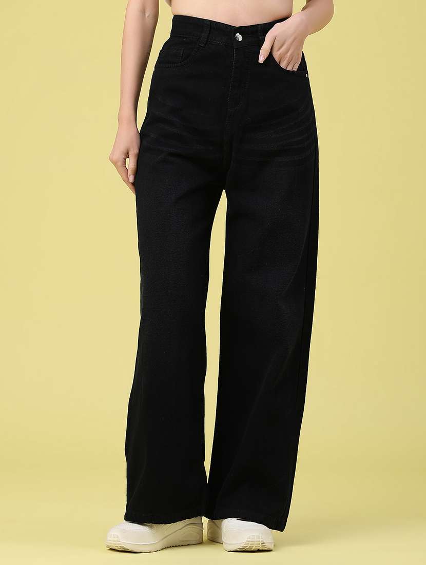 women solid high rise wide leg jeans