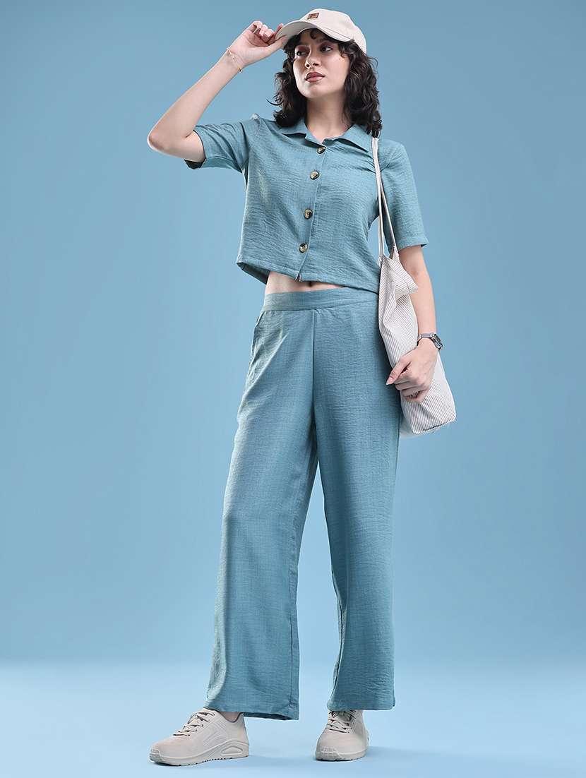women solid short sleeves shirt and trouser co-ord set