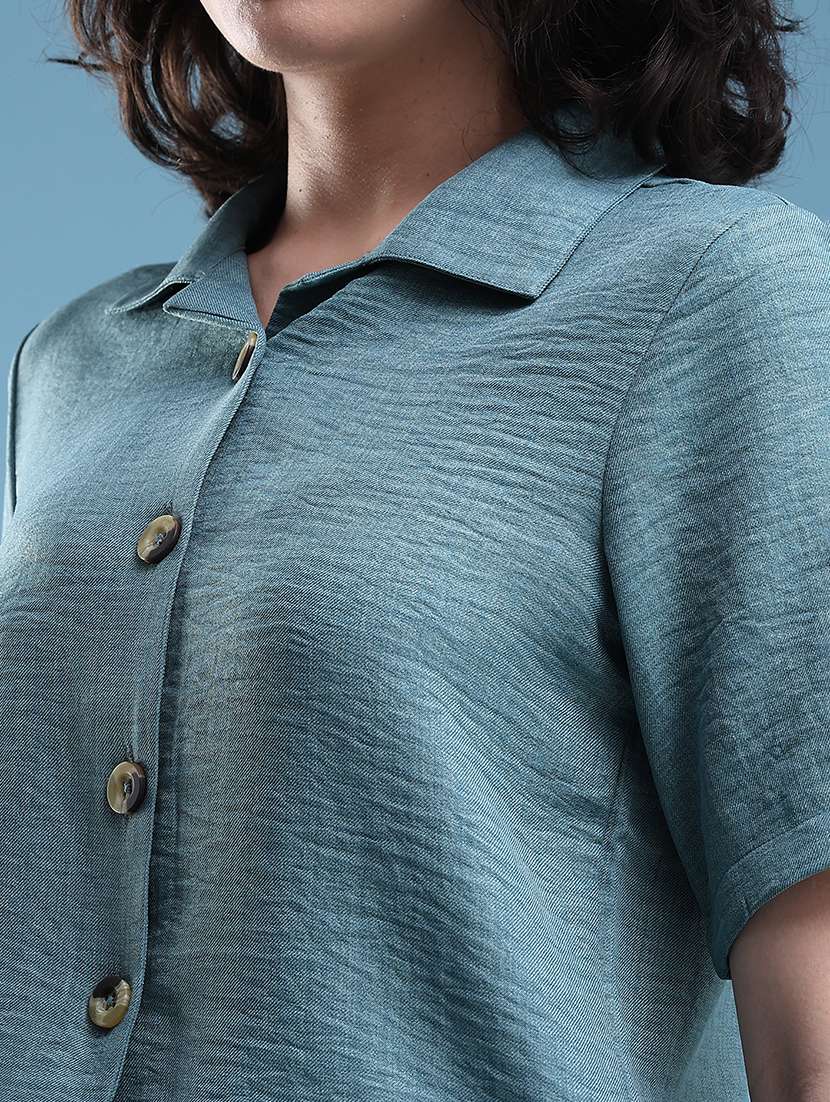 Women Solid Short Sleeves Shirt And Trouser Co-ord Set - 22468470 -  Standard Image - 1