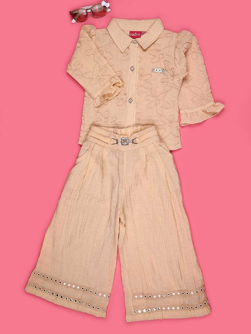 girls embroidered long sleeves shirt and trouser co-ord set - 22468597 -  Standard Image - 1