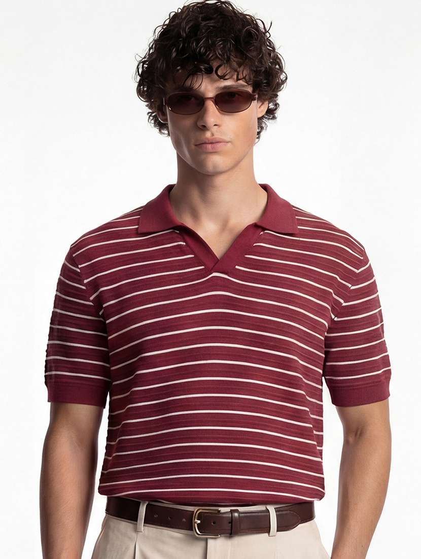 men maroon striped cotton polo neck t-shirt