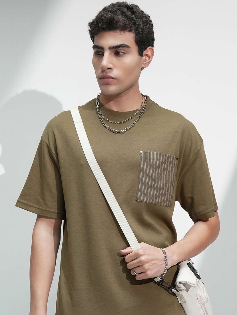 men olive cotton short sleeves round neck t-shirt