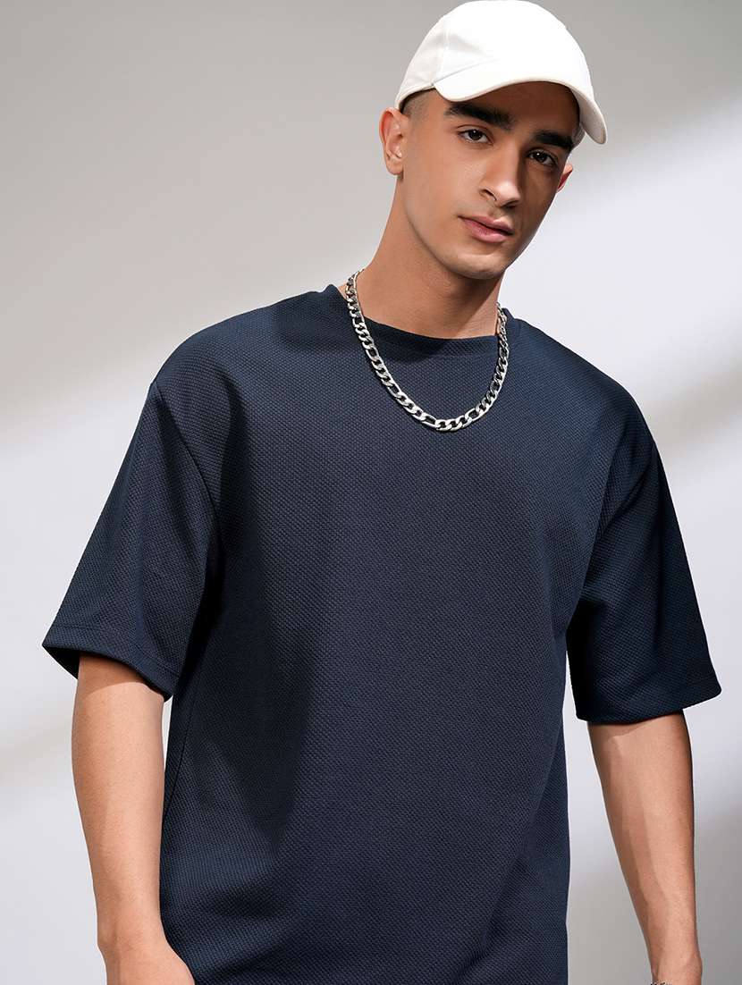 navy blue textured fabric oversized t-shirt