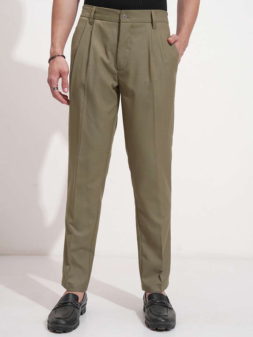 men green polyester pleated casual trouser