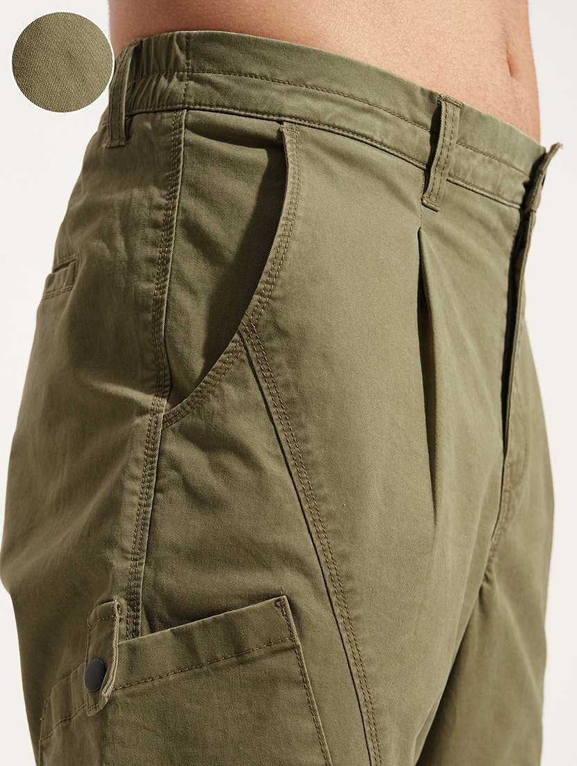 Men Pleated Olive Cotton Casual Trousers - 22469531 -  Standard Image - 1