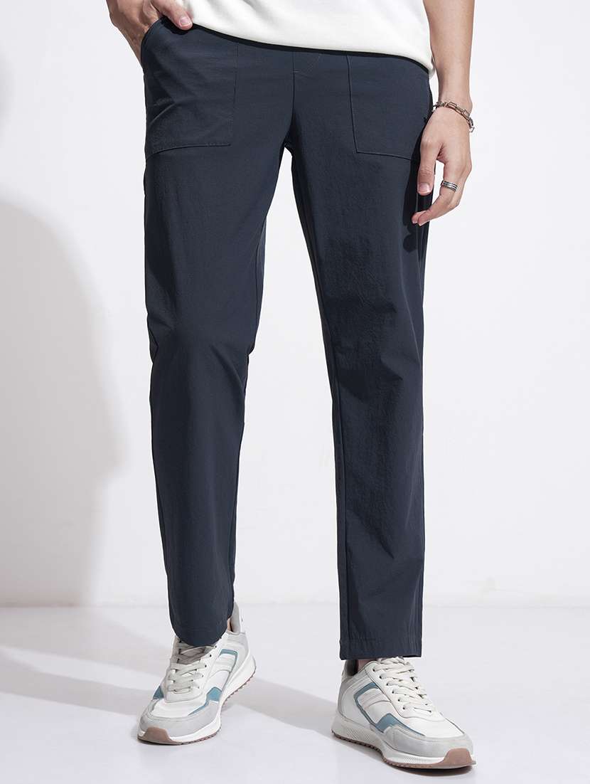 men blue nylon pleated casual trouser
