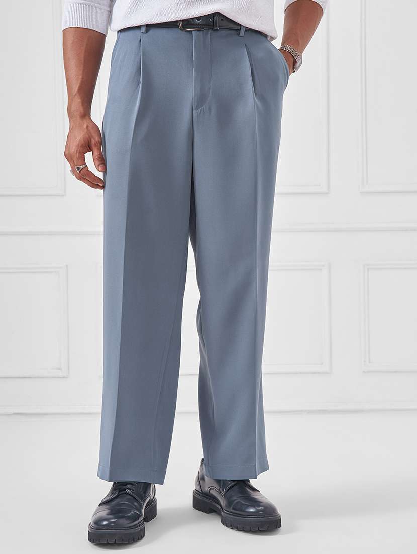 men pleated full length grey solid trouser