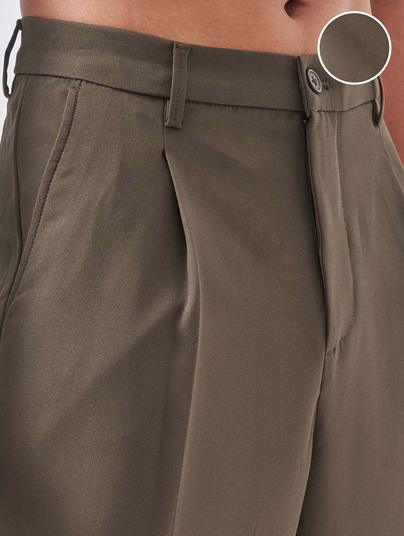 men solid mid rise pleated casual trouser - 22469559 -  Standard Image - 1