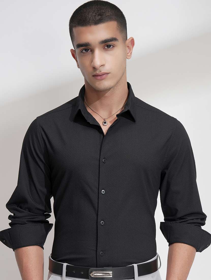 men black self design cotton regular shirt