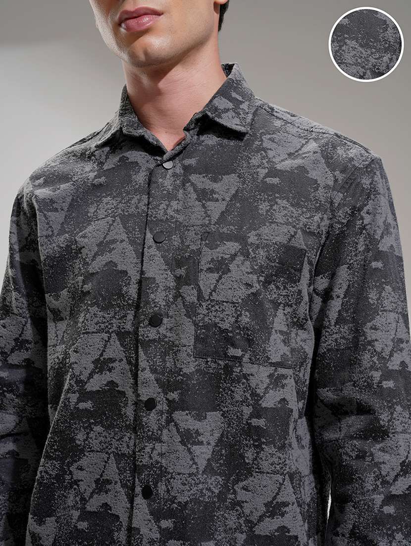 men collared charcoal self design regular fit shirt - 22469723 -  Standard Image - 1
