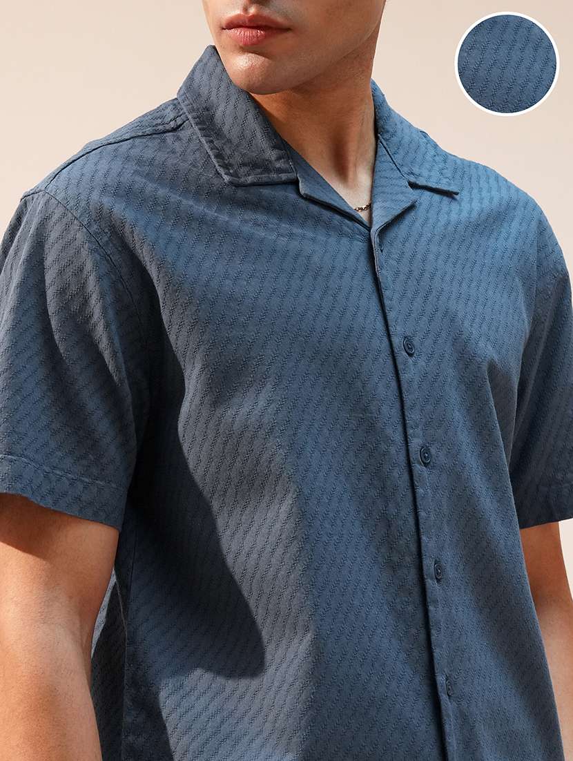 men blue cotton self design cuban collar shirt - 22469772 -  Standard Image - 1
