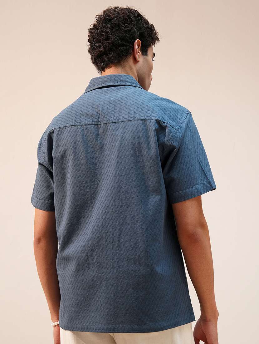 men blue cotton self design cuban collar shirt - 22469772 -  Standard Image - 4