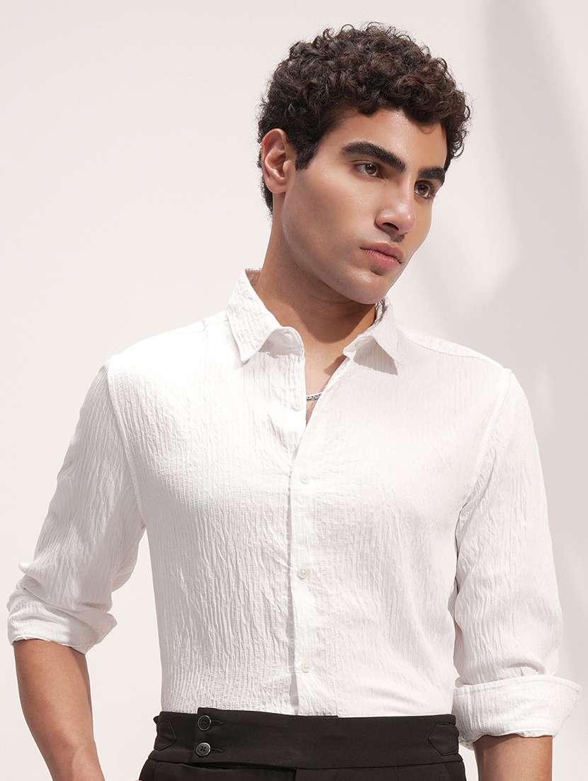 men regular fit white cotton textured shirt