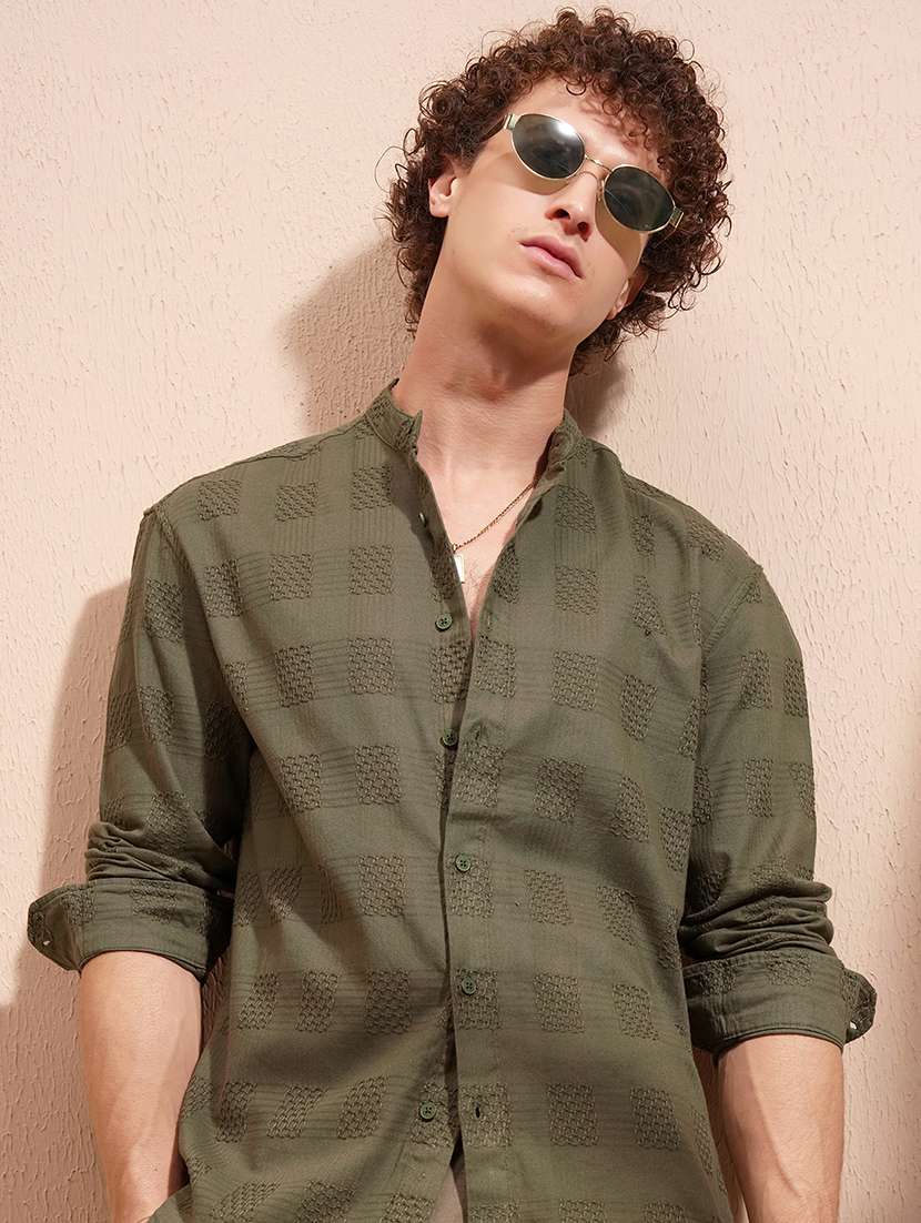 men self design long sleeve regular fit casual shirt
