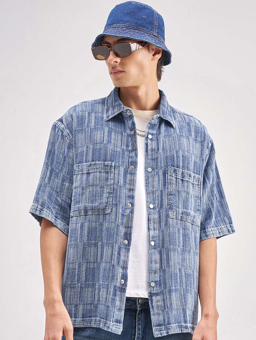 men self design short sleeve regular fit casual shirt