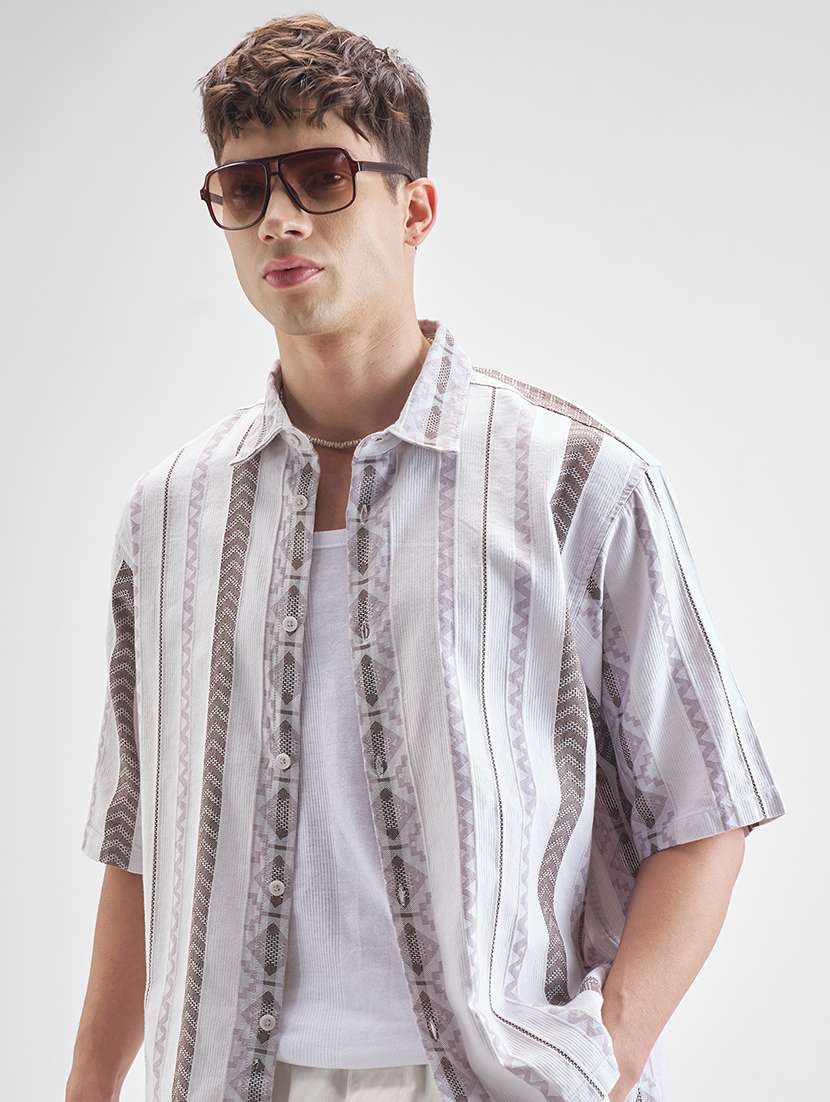 men striped short sleeve regular fit casual shirt