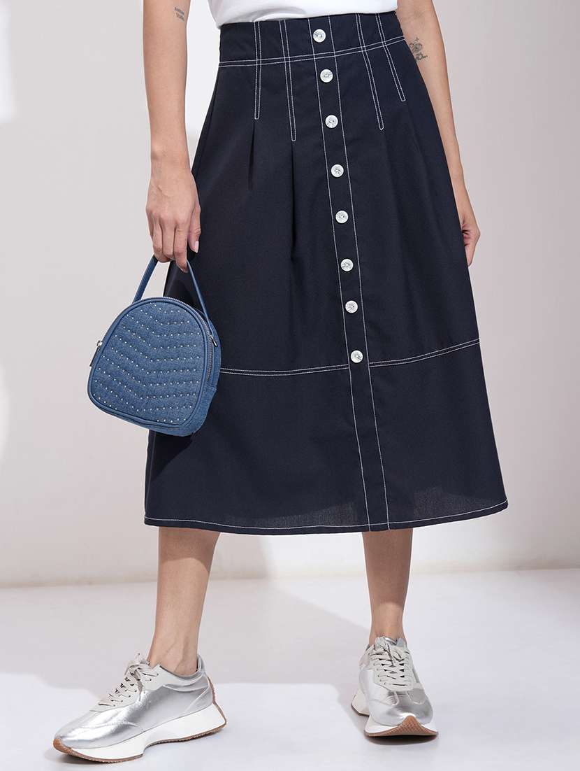 women navy blue polyester a-line skirt