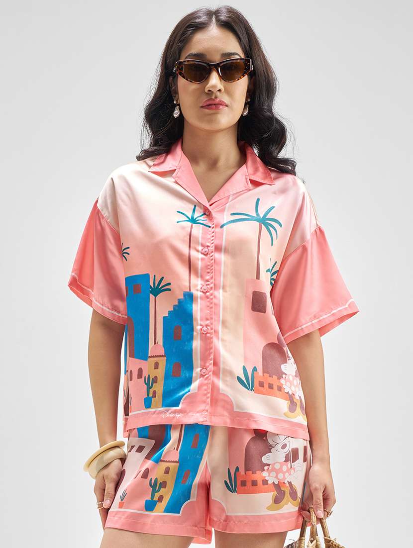 women printed polyester top and shorts co-ords set
