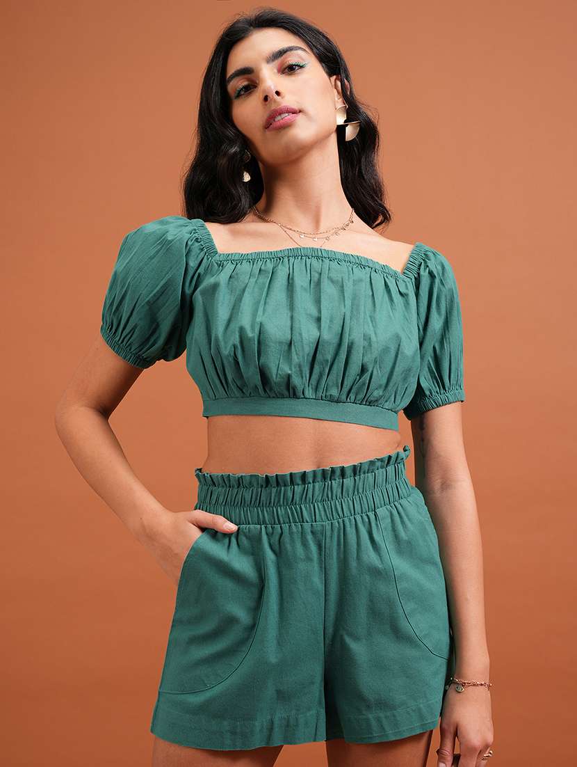 women green cotton top and shorts set co-ord