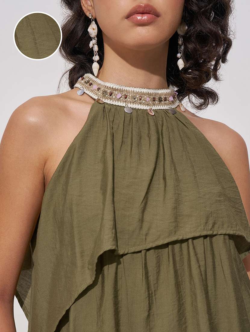 women olive viscose a-line dress - 22470704 -  Standard Image - 1