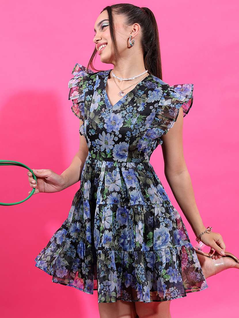 women blue polyester a-line dress