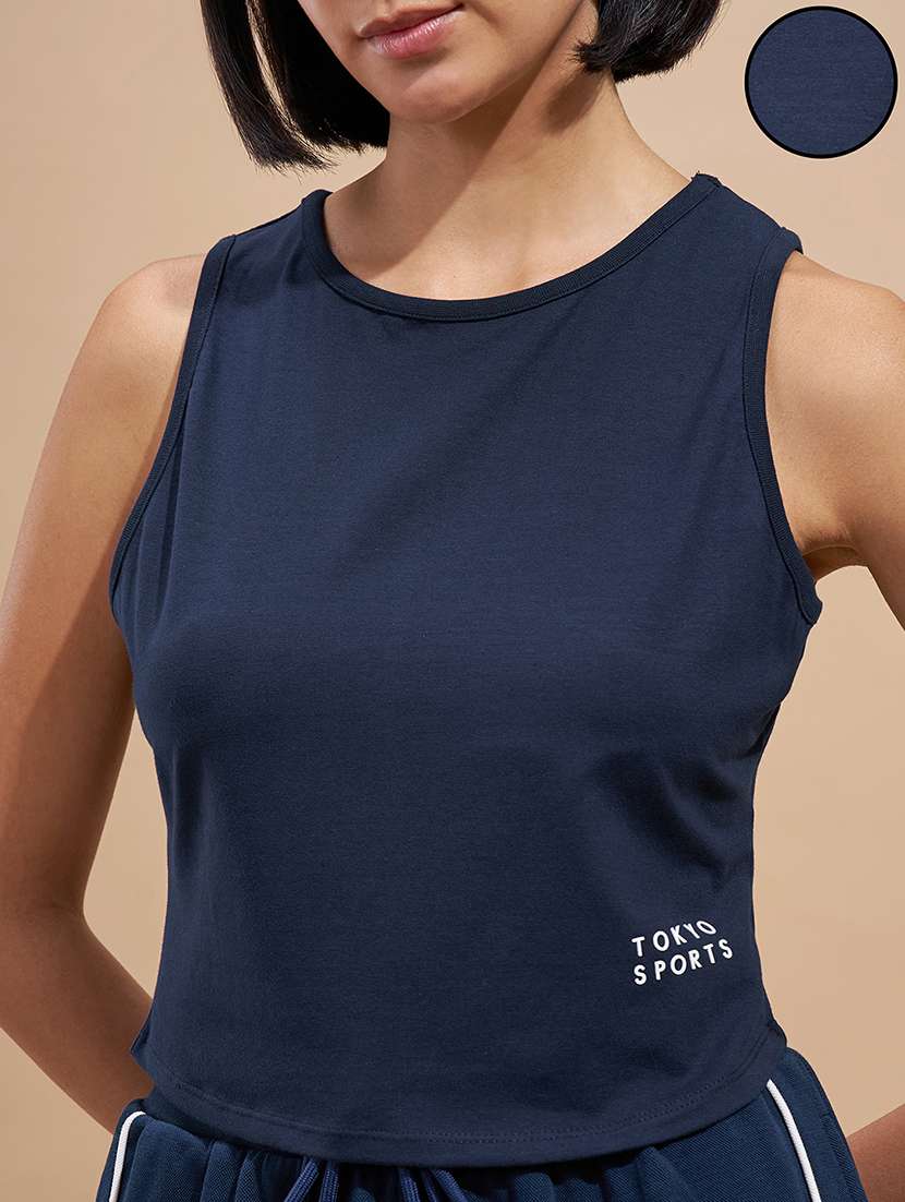 women solid navy blue cotton regular top - 22470915 -  Standard Image - 1