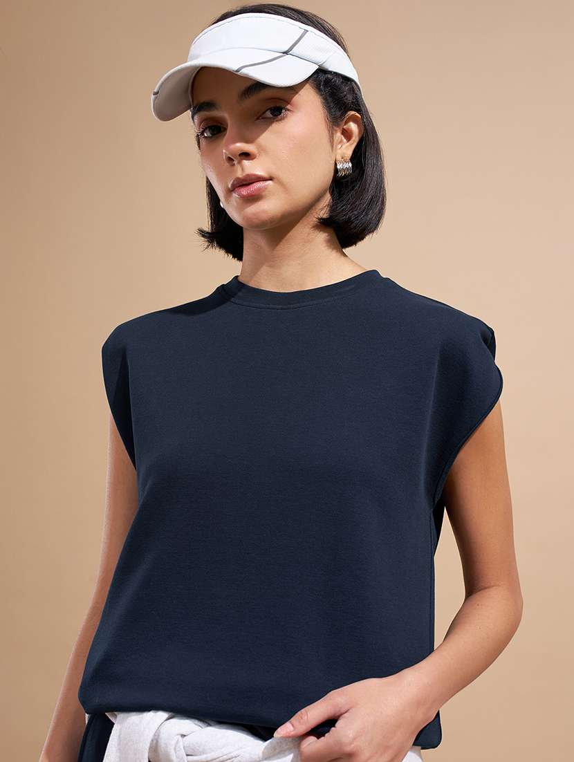 women solid navy blue cotton regular top