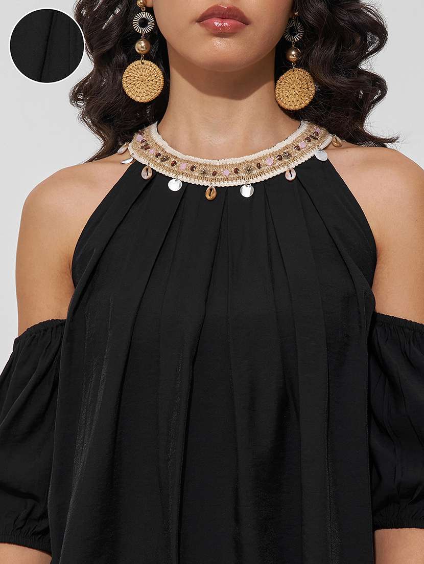 women solid black viscose regular top - 22470928 -  Standard Image - 1