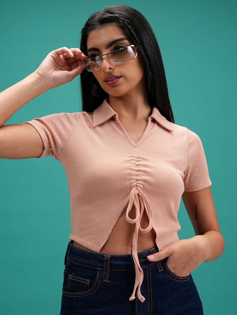 women solid beige polyester regular top