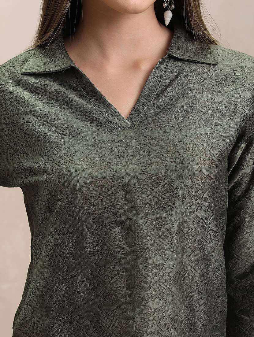 women self design olive polyester regular top - 22470960 -  Standard Image - 1