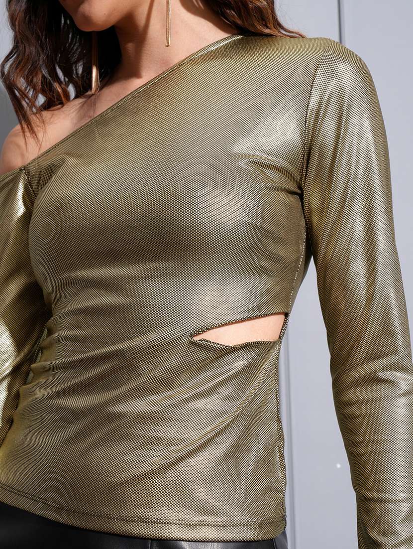 women self design gold polyester regular top - 22470968 -  Standard Image - 1