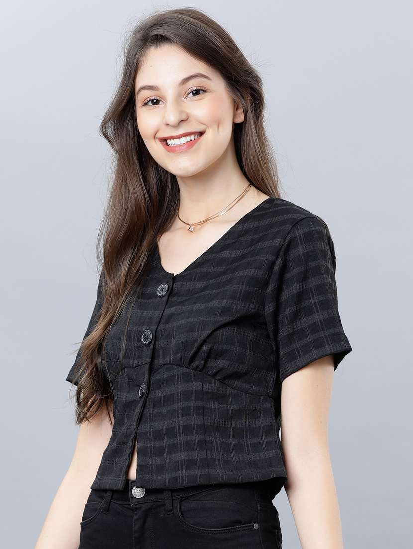 women checks black viscose regular top