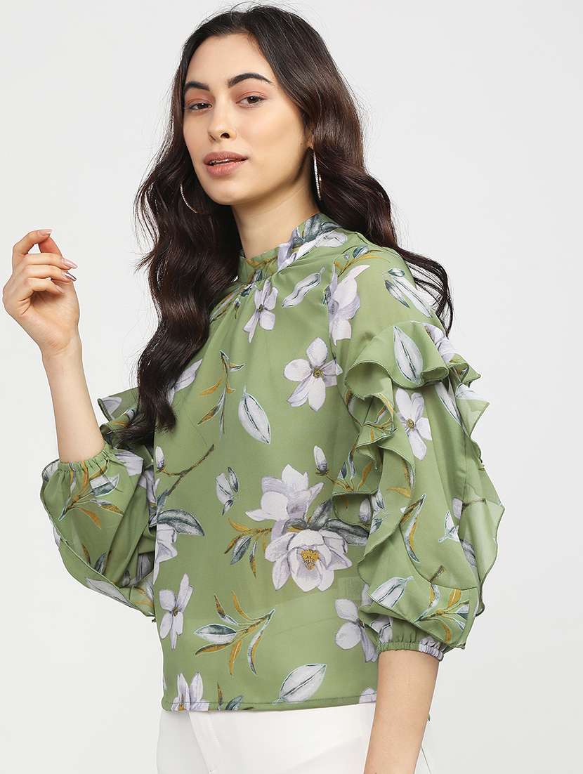 women printed green polyester regular top